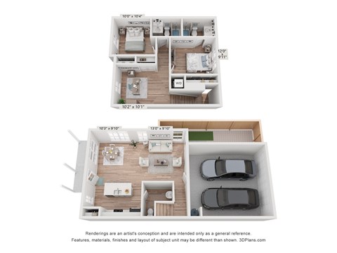 Floor plan for 2 beds, 2.5 baths, 1261 sqft